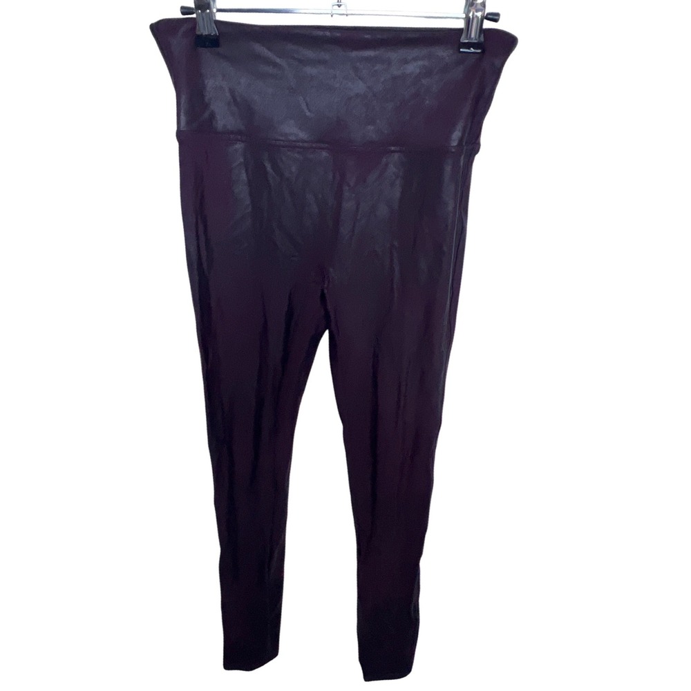 Spanx Faux Leather High Waisted Leggings Dark‎ Plum Burgundy M Edgy Glossy Sleek